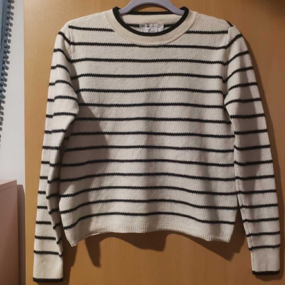 Cashmete Nordstrom Signature 100% Cashmere Cream and Black Stripe Boxy Sweater